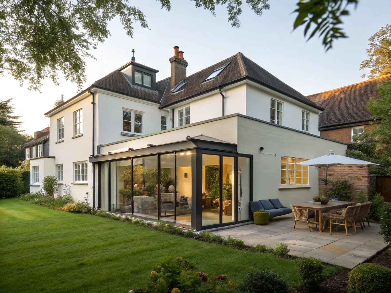 A high-quality photograph showcasing a modern, stylish home extension in London, with natural light streaming through large windows and a well-manicured garden in the background. The extension seamlessly blends with the existing architecture, demonstrating expert craftsmanship.